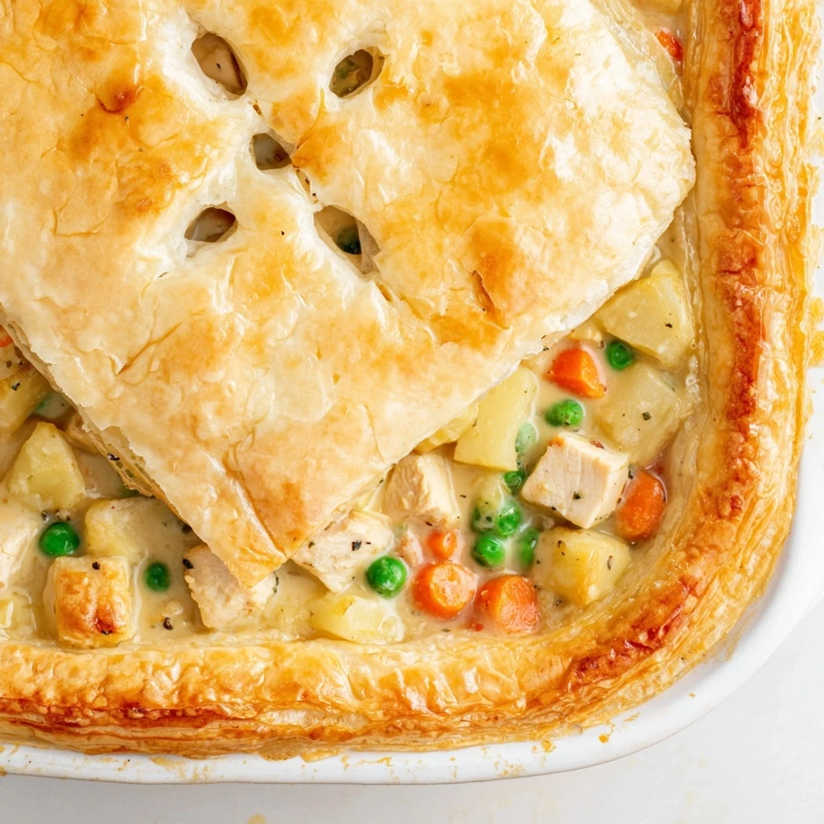 Classic chicken pot pie served on white plate with tender chunks in rich sauce