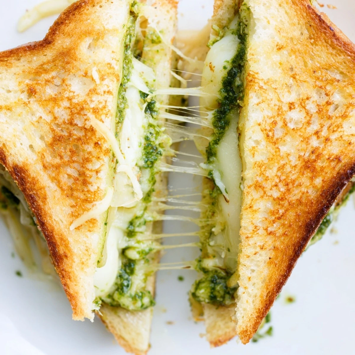 Crispy sourdough grilled cheese with melted cheese and earthy pesto grilled to perfection