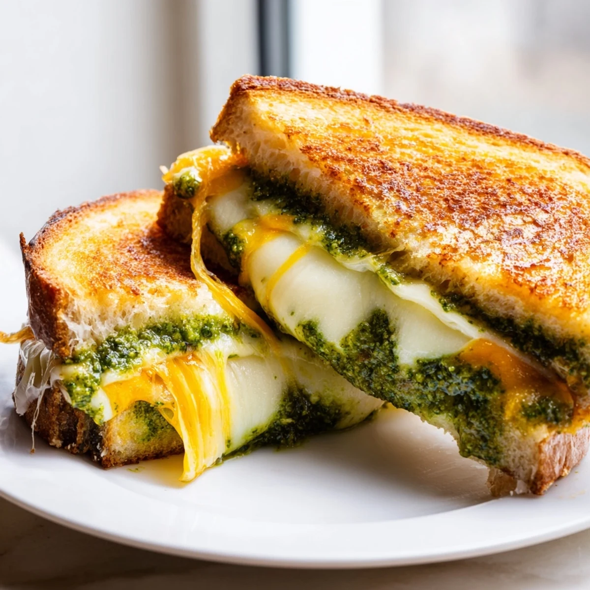 Golden sourdough pesto grilled cheese sandwich with melty mozzarella and basil pesto layers