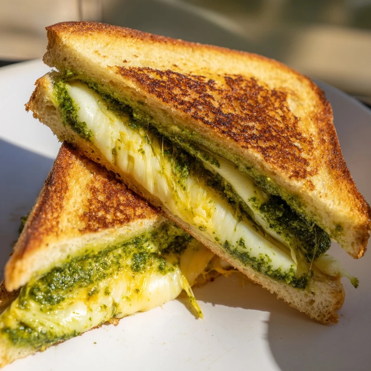 Sliced sourdough pesto grilled cheese showing golden crust and gooey cheese interior