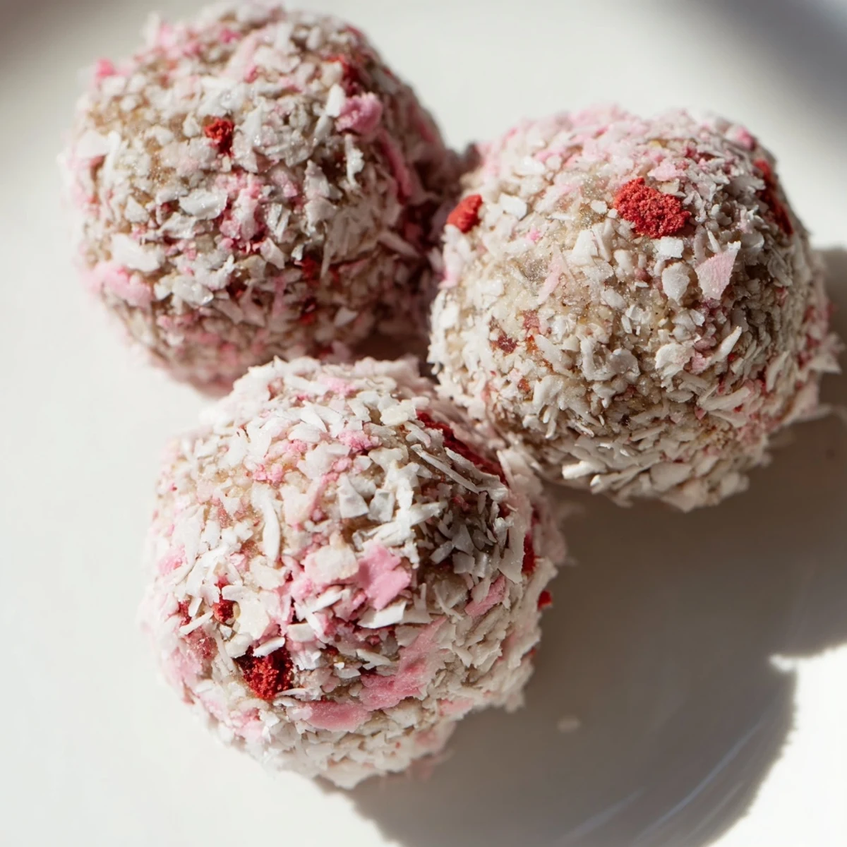 Bite-sized strawberry oat coconut balls rolled in shredded coconut on a white plate