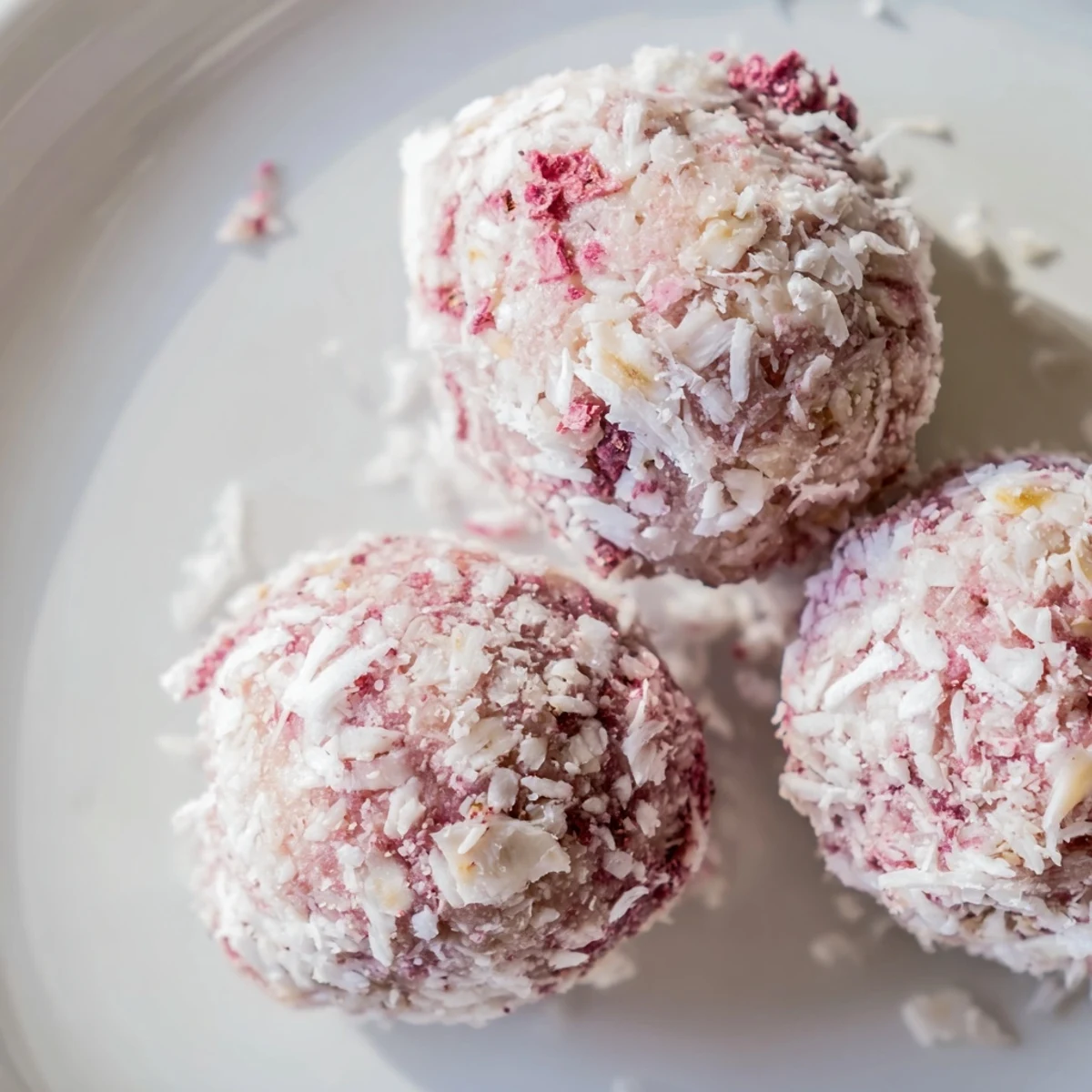 Homemade strawberry oat coconut balls garnished with extra coconut flakes for a healthy no-bake treat