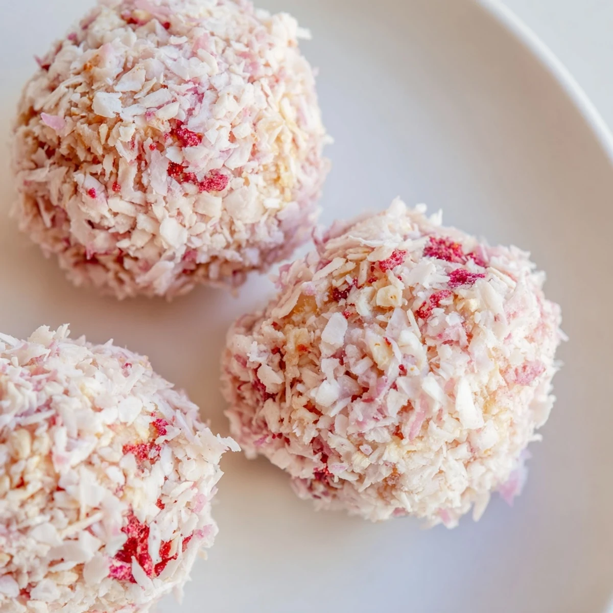 Fresh strawberry oat coconut balls arranged on a wooden cutting board ready for snacking