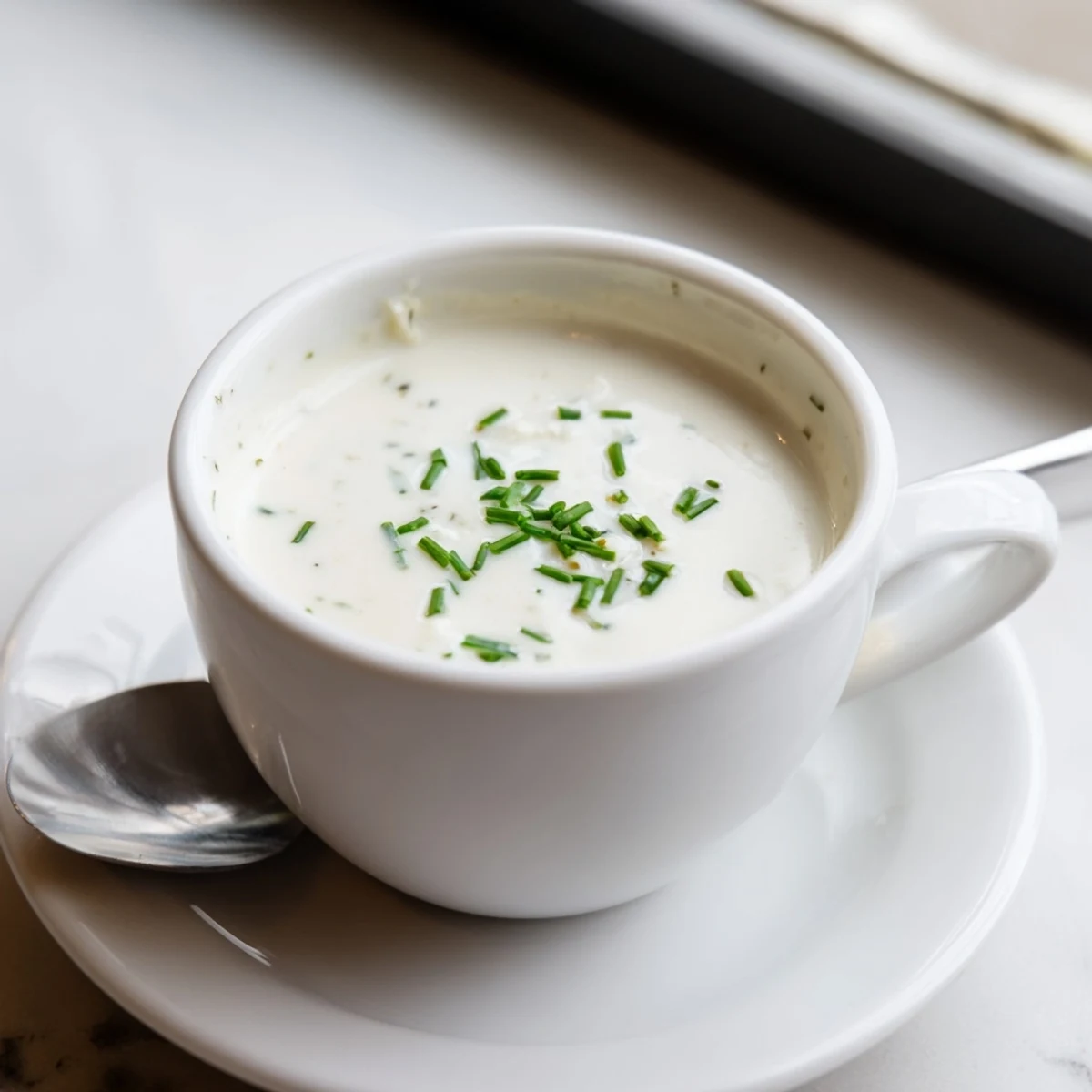 Creamy homemade horseradish sauce served in a white ramekin with roasted beef and fresh herbs