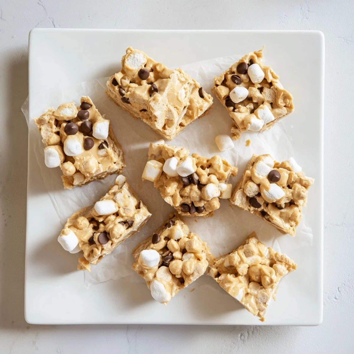 Chewy gluten free peanut butter marshmallow squares studded with fluffy white mini marshmallows on a white plate