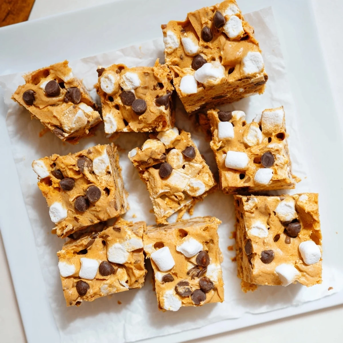 Creamy gluten free peanut butter marshmallow dessert bars drizzled with melted chocolate chips and cut into bite-sized pieces