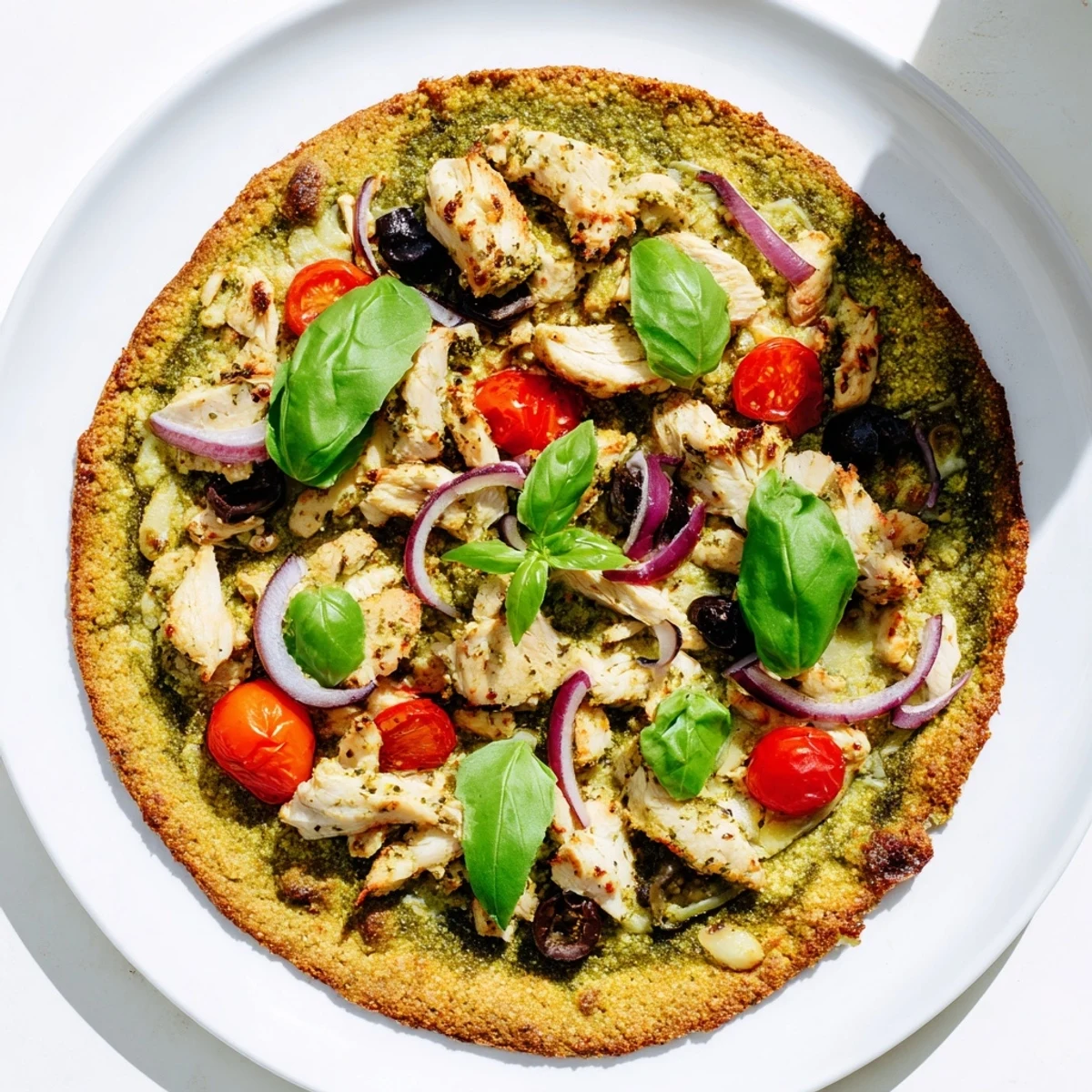 Golden chicken pesto paleo pizza topped with fresh basil and sliced tomatoes on a crispy grain-free crust