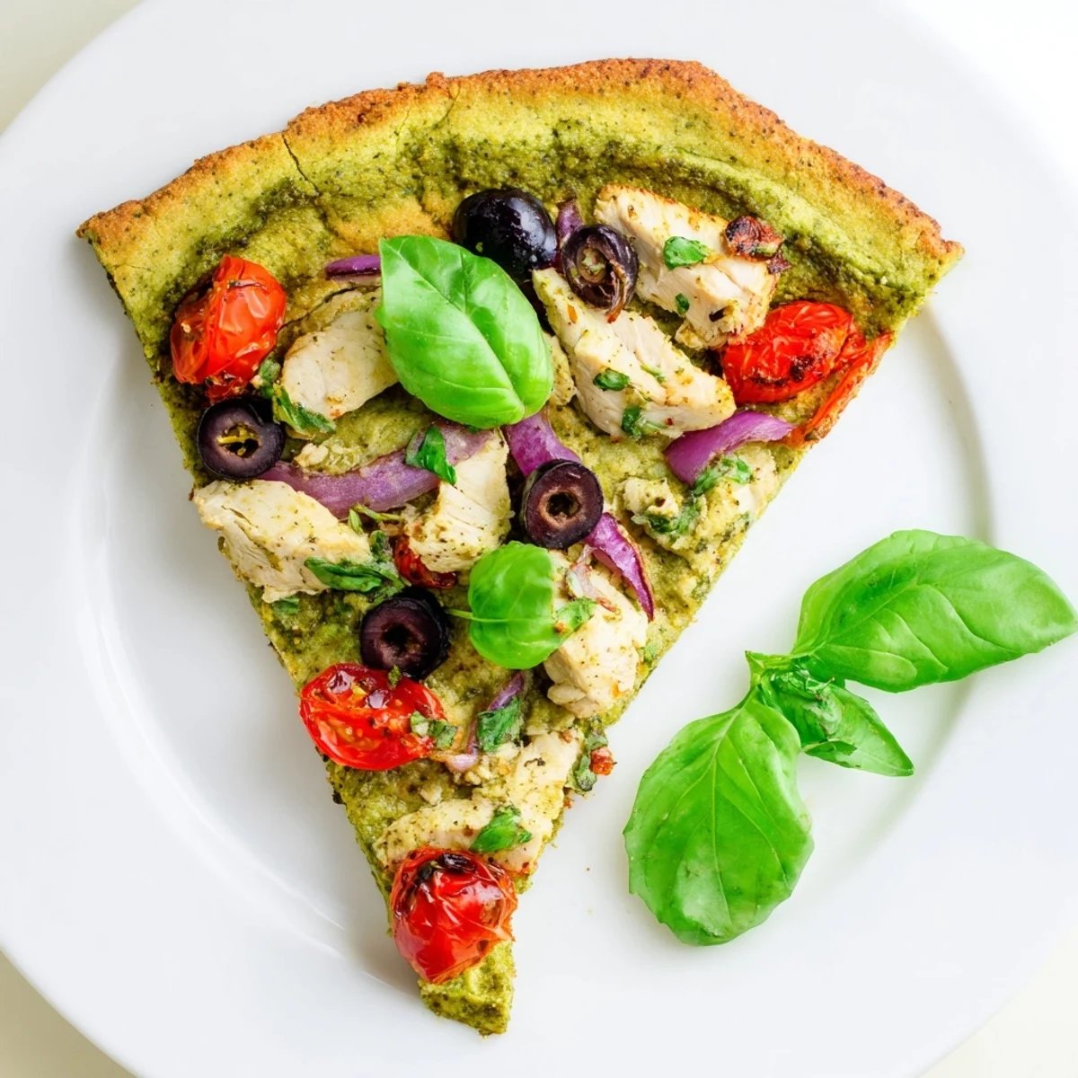 Sliced chicken breast and vibrant basil pesto layered atop a golden gluten-free pizza crust with cherry tomatoes