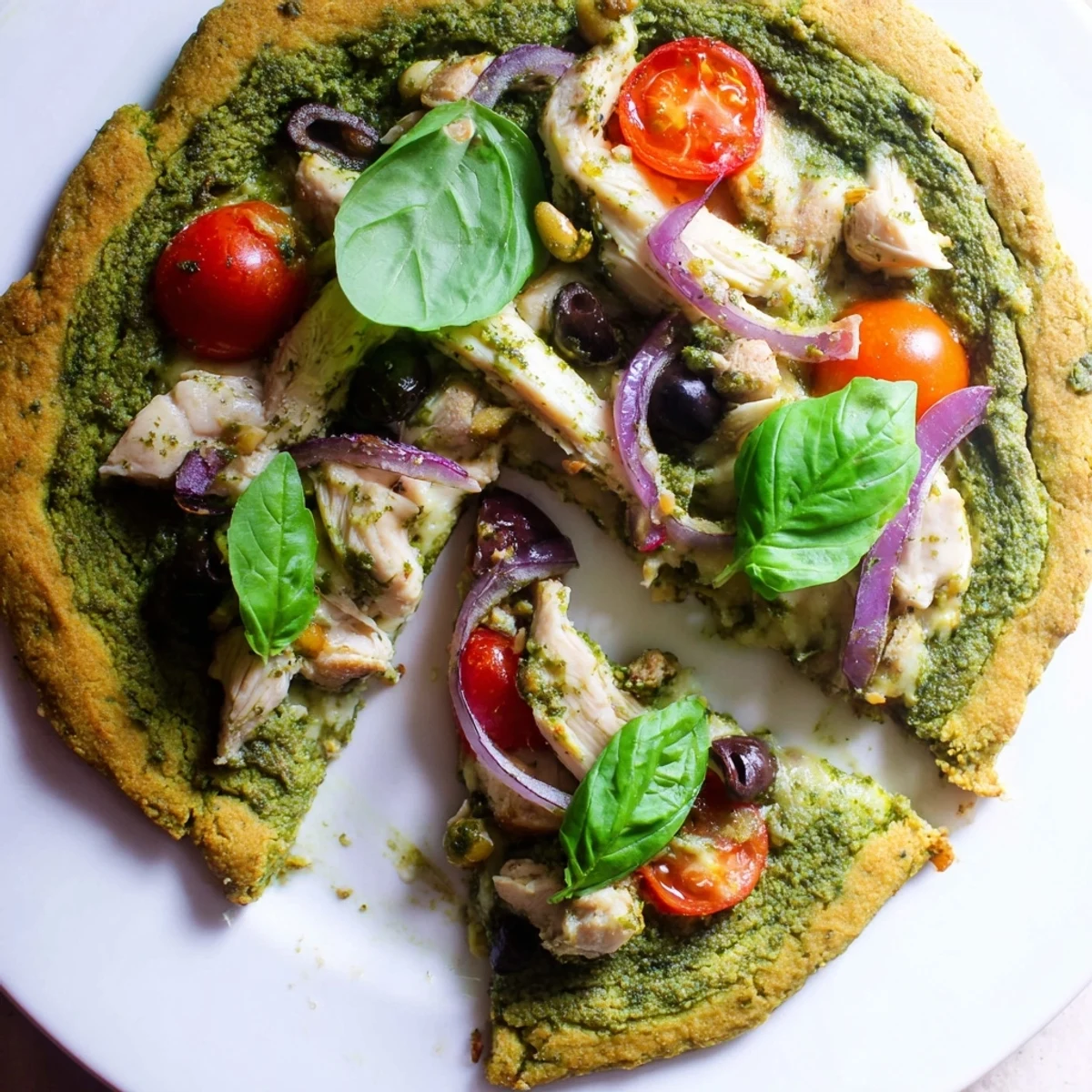 Homemade chicken pesto paleo pizza featuring juicy chicken, red onion, and olives on a crisp almond flour crust