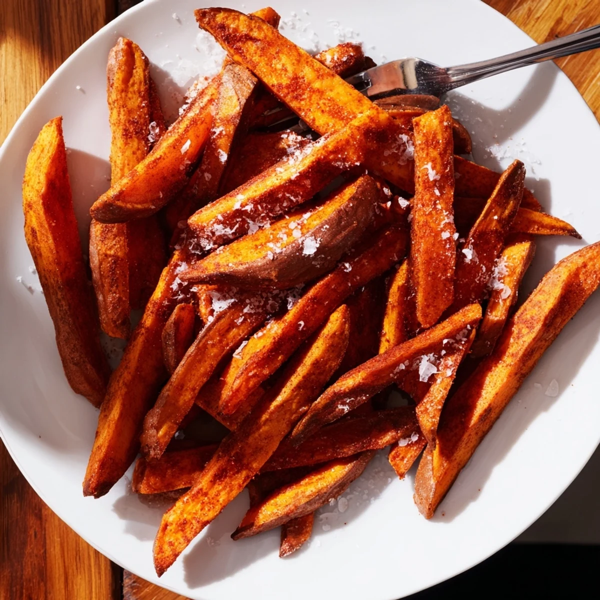 Golden baked crispy oven sweet potato fries arranged on a parchment-lined baking sheet with paprika seasoning
