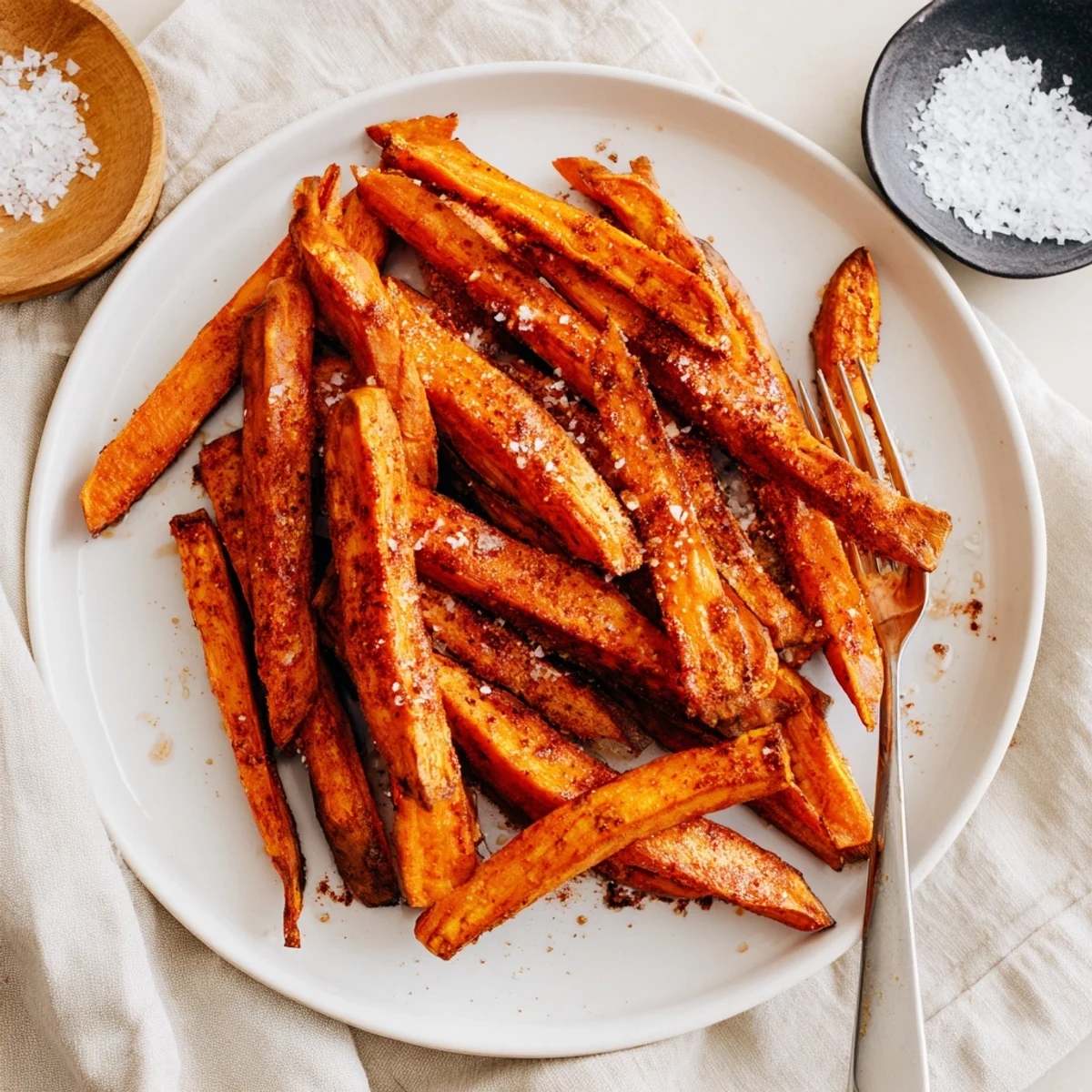 Batch of spicy oven sweet potato fries showing golden brown edges and smoked paprika coating on white plate