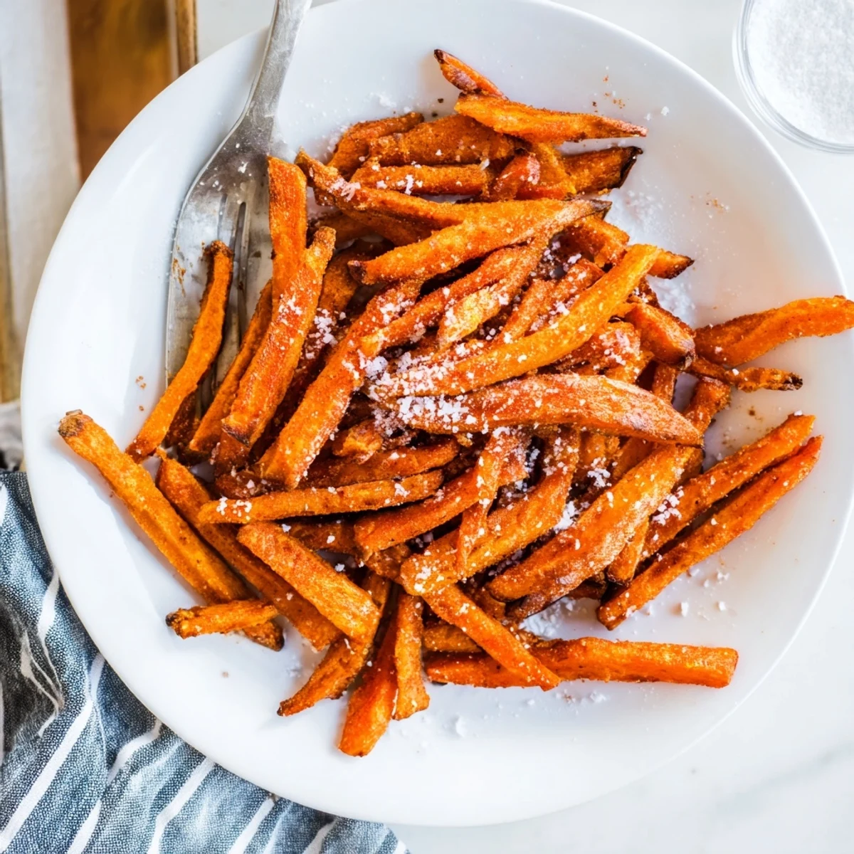 Tender sweet potato fries baked to crispy golden perfection and sprinkled with sea salt for serving