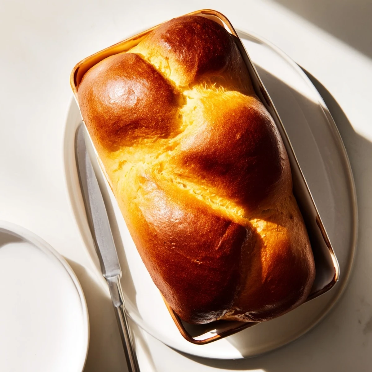 Golden brown milk brioche loaf with glossy egg wash finish on wire cooling rack