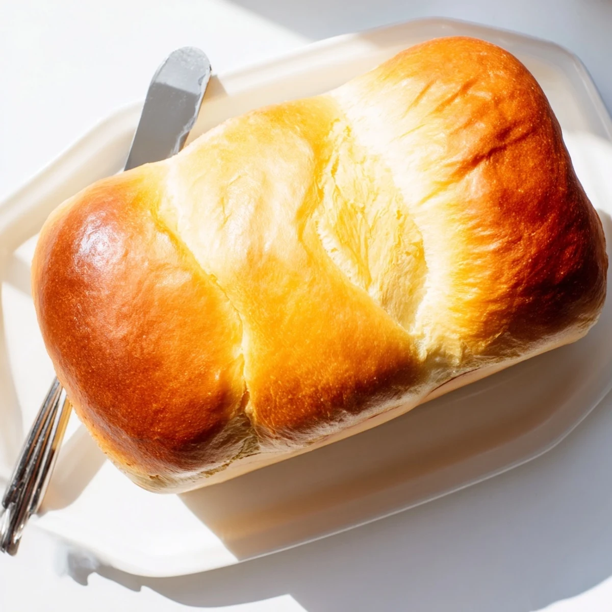 Freshly baked milk brioche braided loaf displaying golden crust and airy buttery texture