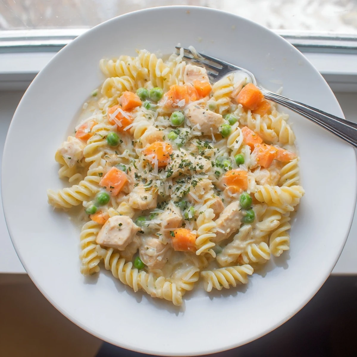Hearty chicken pot pie pasta served in a bowl with colorful peas, carrots, and melted Parmesan