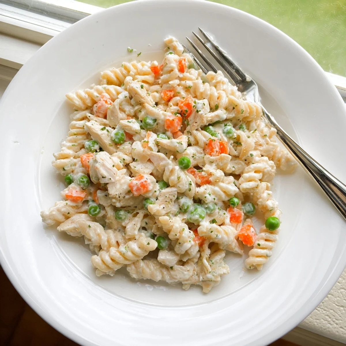 Golden chicken pot pie pasta with rotini noodles, diced chicken, and creamy herb sauce