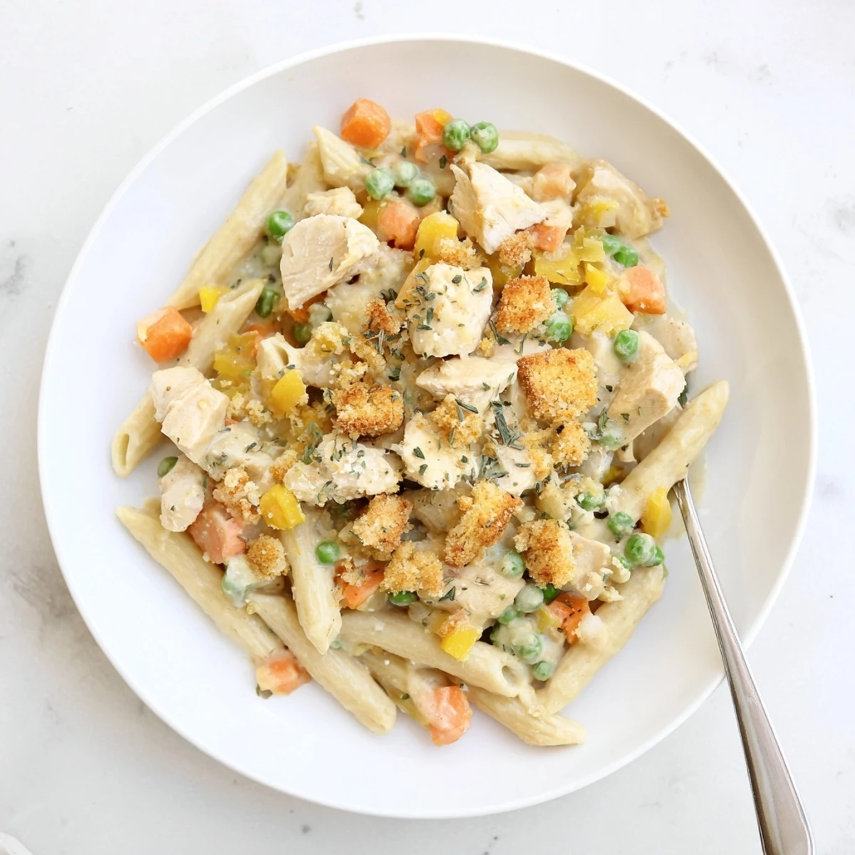 Creamy pot pie pasta with tender chicken, vegetables, and golden buttery cracker topping