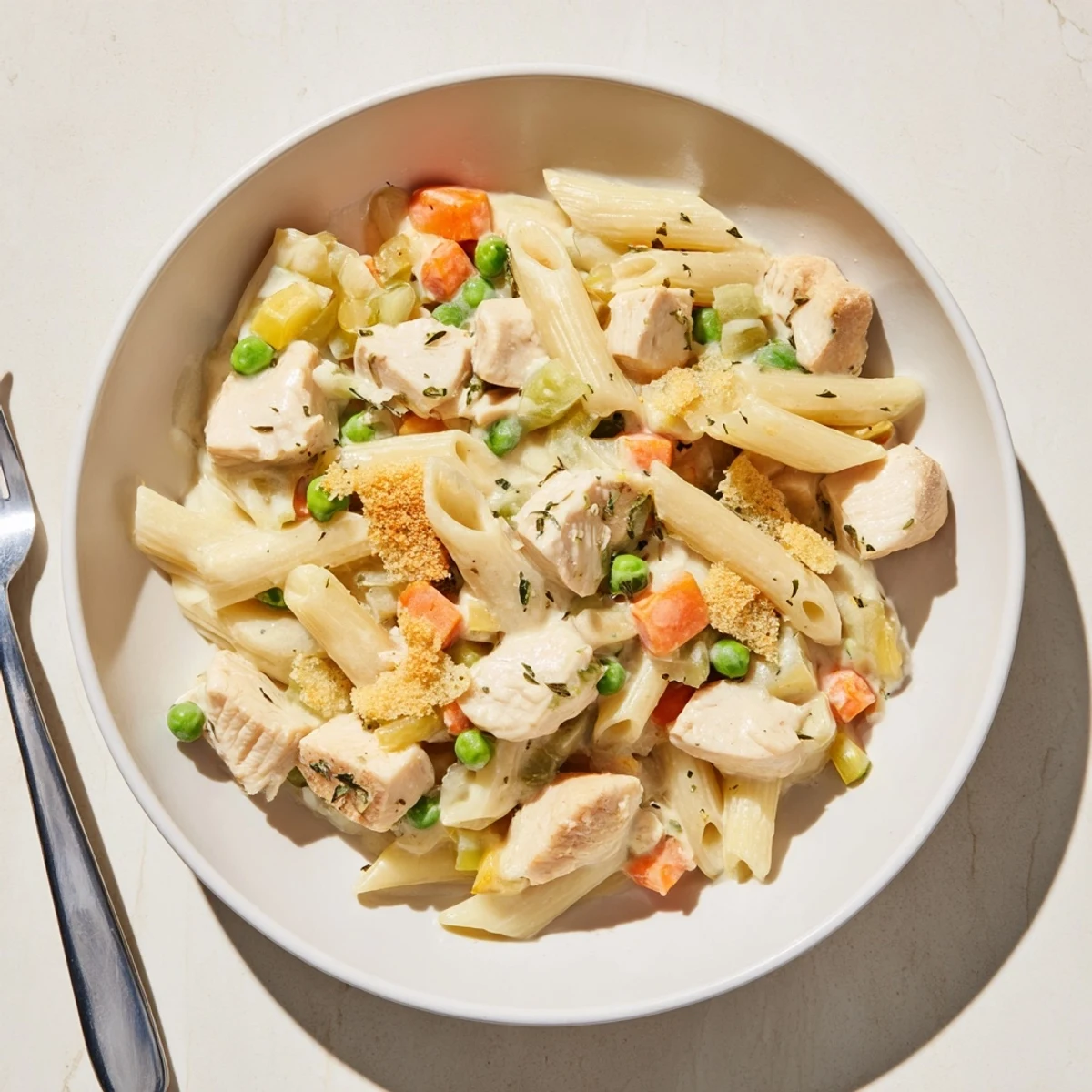 Steaming bowl of pot pie pasta featuring rotini noodles in a rich white sauce