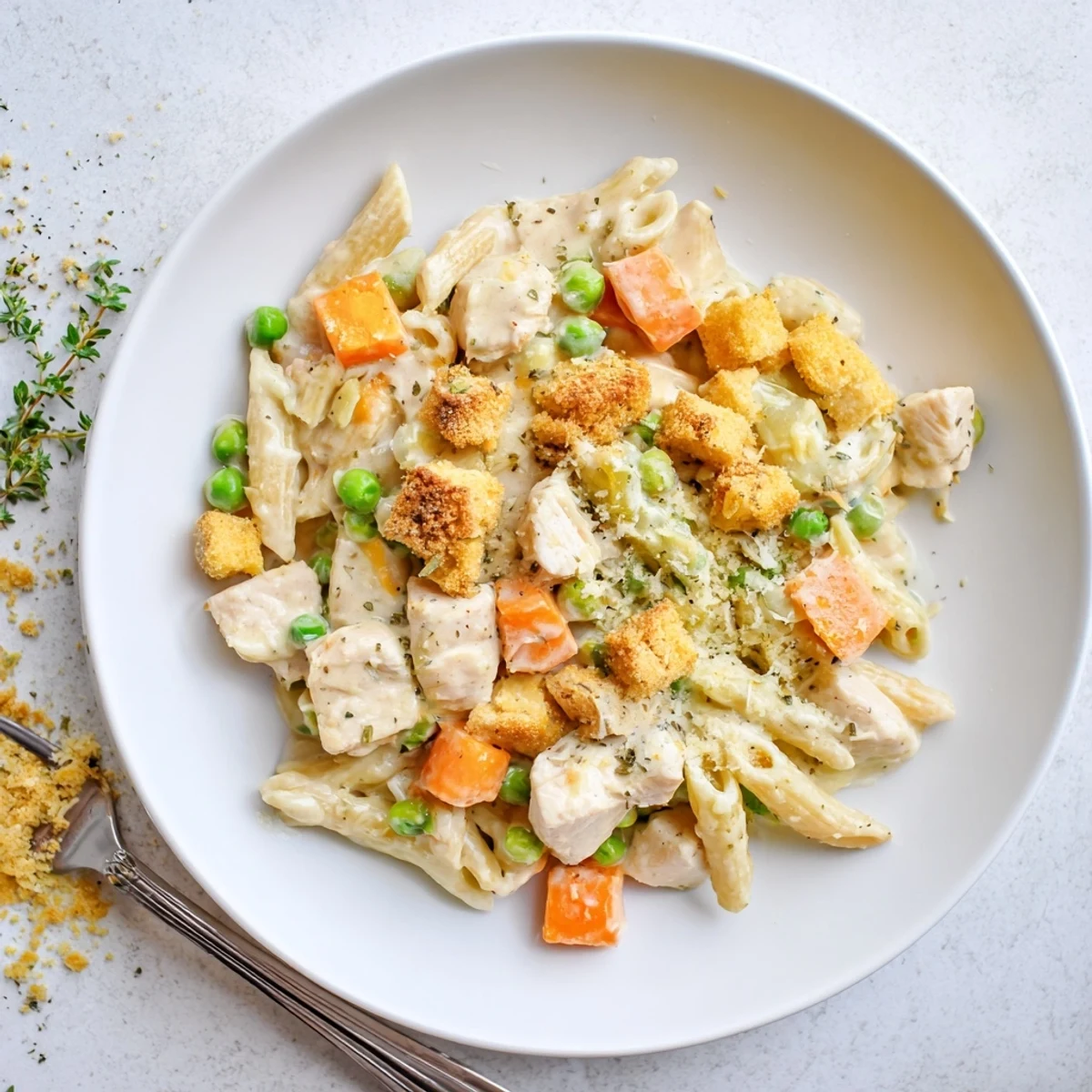 Comforting pot pie pasta dish loaded with chunks of chicken, carrots, and peas