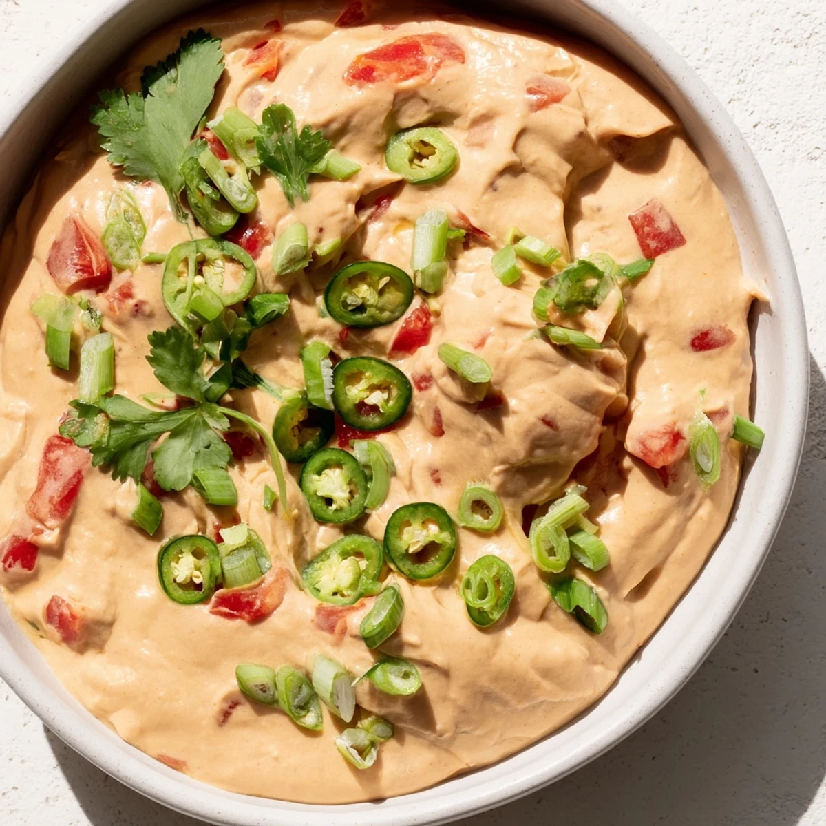 Thick and velvety dairy-free Rotel nacho dip spooned onto a plate with colorful vegetable crudités