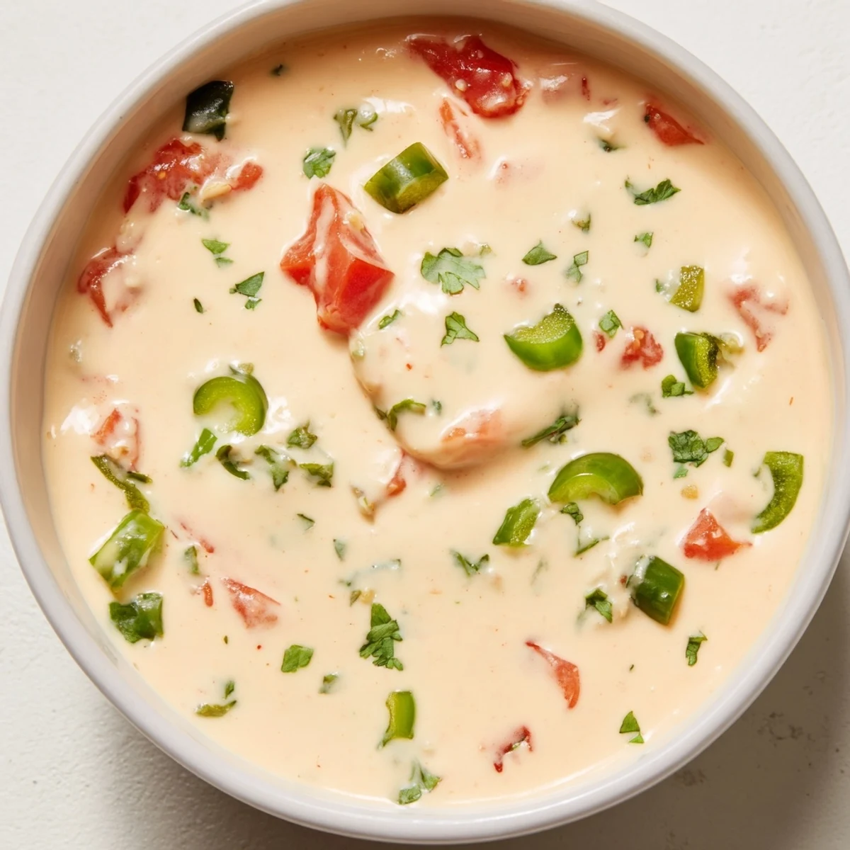 Golden vegan Rotel nacho dip bubbling in a bowl, topped with fresh cilantro and jalapeño slices