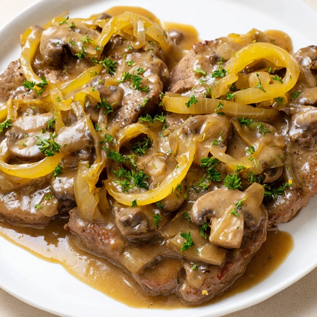Golden brown cube steaks nestled in rich onion mushroom gravy served over fluffy mashed potatoes