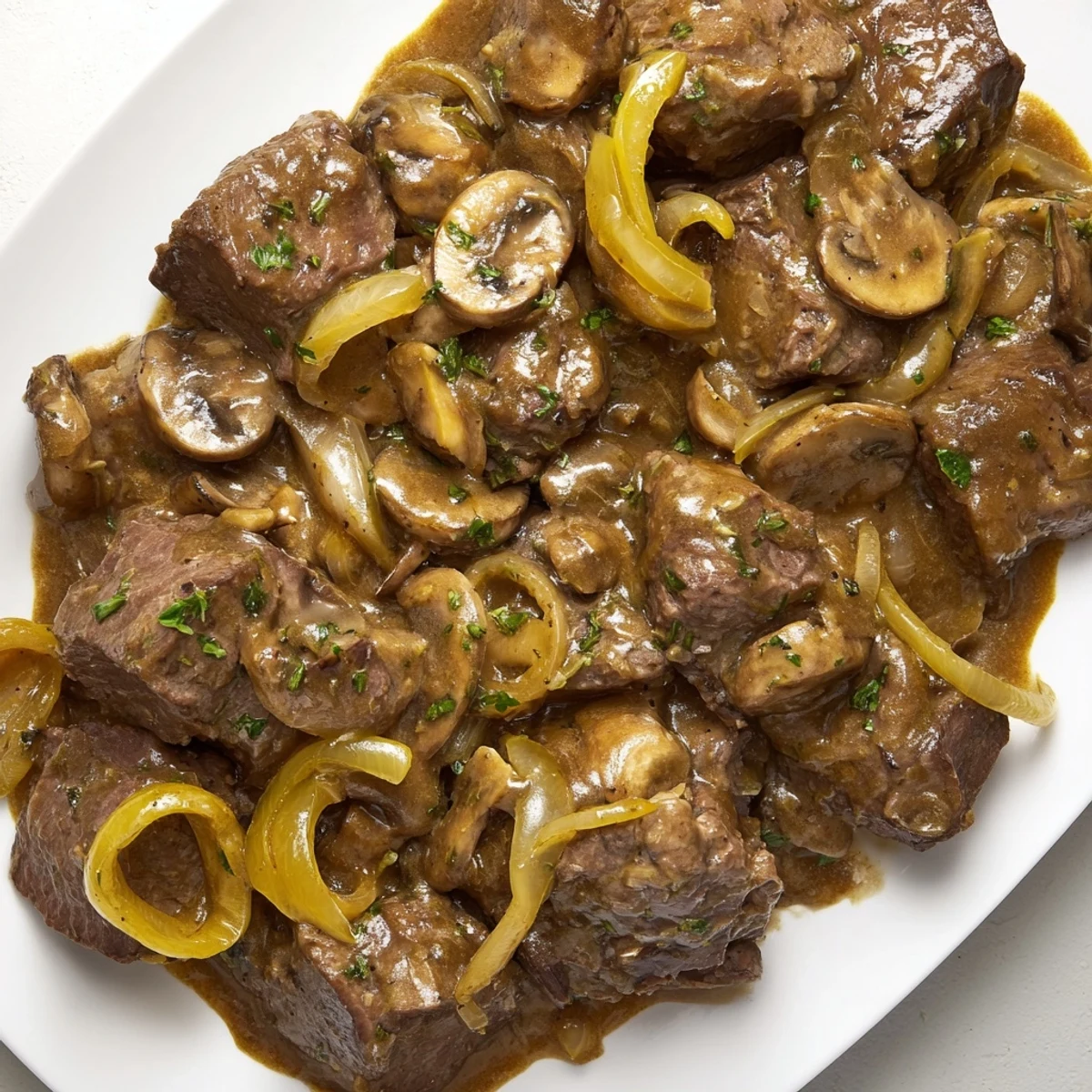 Fork-tender country style cube steak covered in savory Southern gravy garnished with fresh chopped parsley
