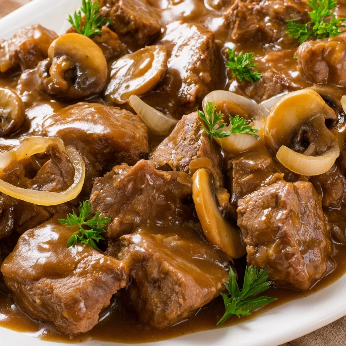 Tender smothered cube steak simmering in thick brown gravy with caramelized onions and sliced mushrooms