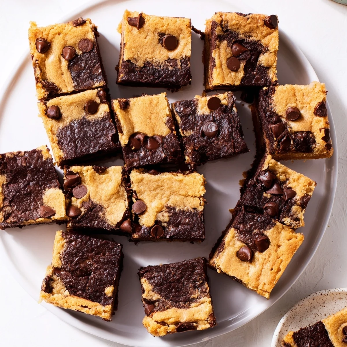 Homemade brookies sliced into squares showing the marbled layers of brownie and cookie with melted chocolate