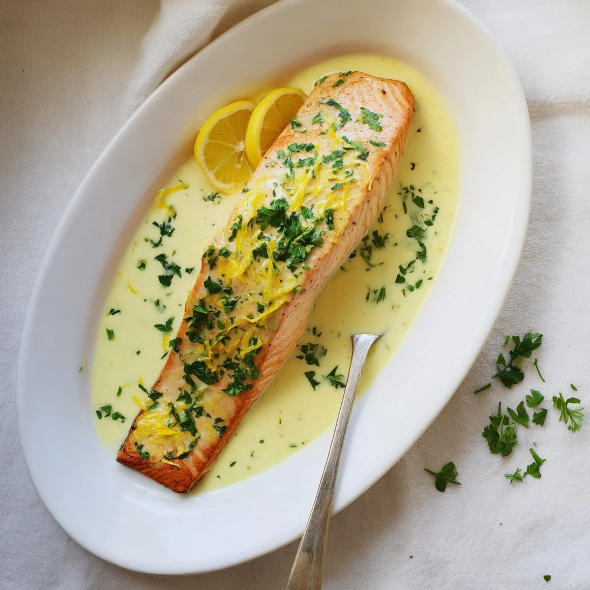 Golden pan-seared salmon fillet drizzled with rich lemon cream sauce and fresh parsley
