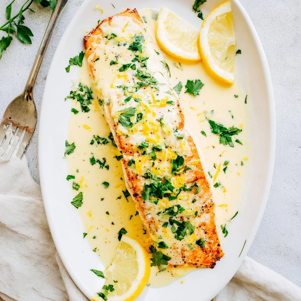 Flaky salmon fillets in creamy lemon garlic sauce garnished with parsley and lemon zest
