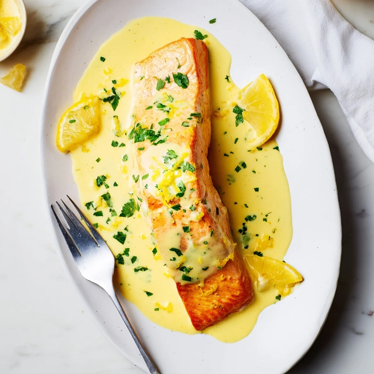 Succulent salmon with lemon cream sauce served on white plate with zesty garlic butter topping