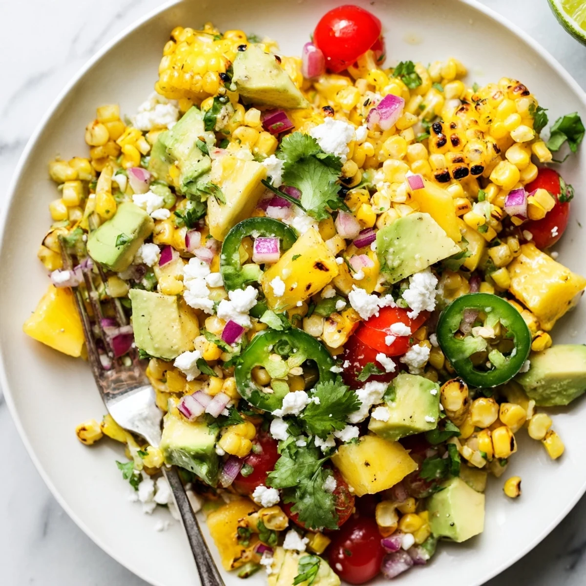 Tropical charred corn and avocado salad featuring golden grilled kernels, creamy avocado, and vibrant diced fruits