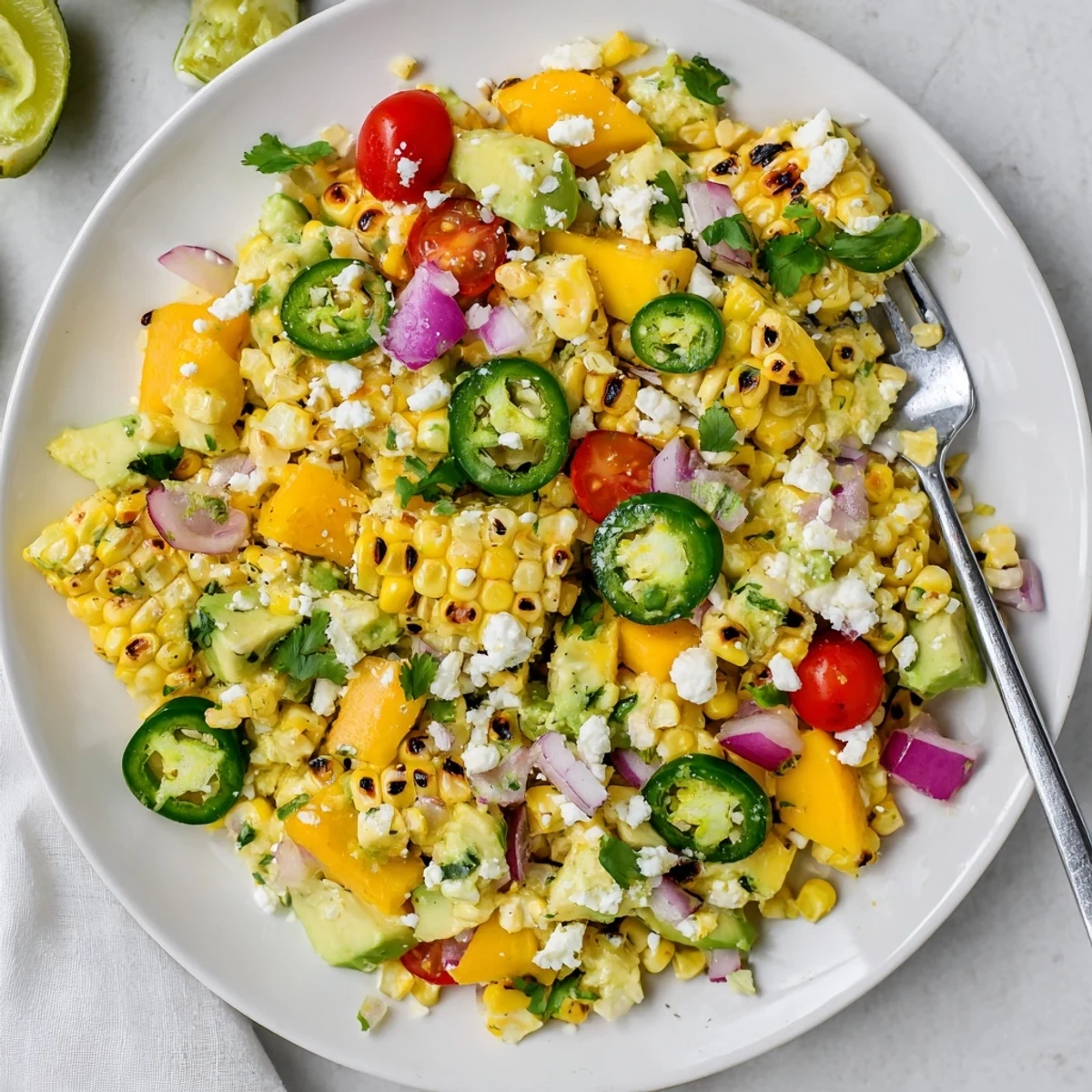 Colorful bowl of tropical charred corn and avocado salad topped with fresh cilantro and zesty lime dressing