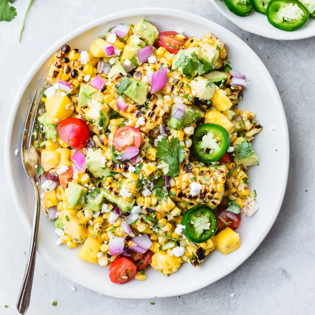 Summer tropical charred corn and avocado salad with sweet pineapple, juicy mango, and tangy lime vinaigrette