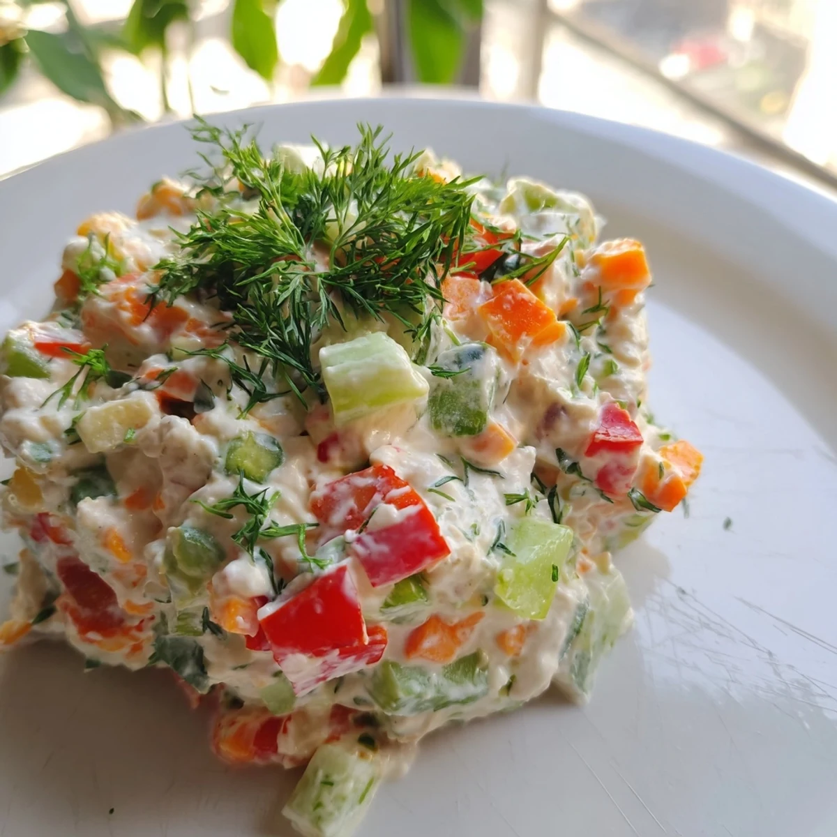 Creamy garden vegetable spread topped with colorful diced peppers and fresh herbs