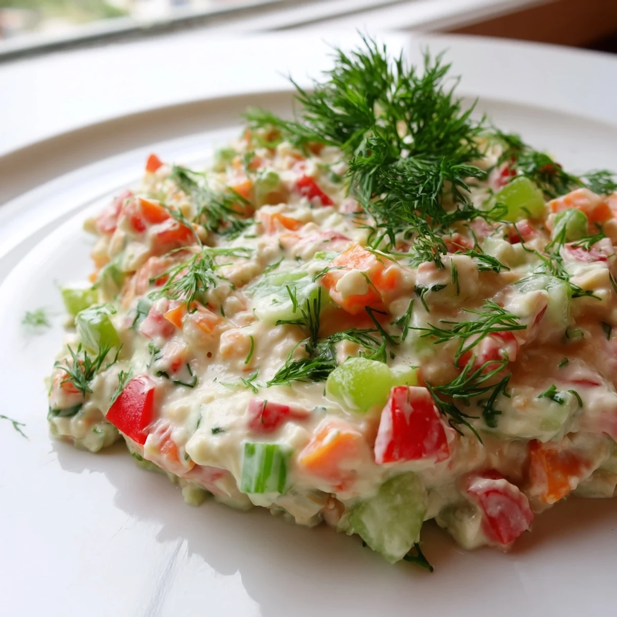 Garden vegetable spread in a white bowl garnished with green parsley and dill