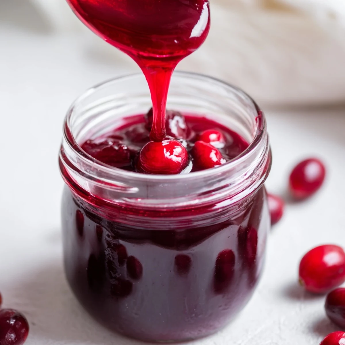Ruby red homemade cranberry syrup drizzled over fluffy pancakes with fresh cranberries