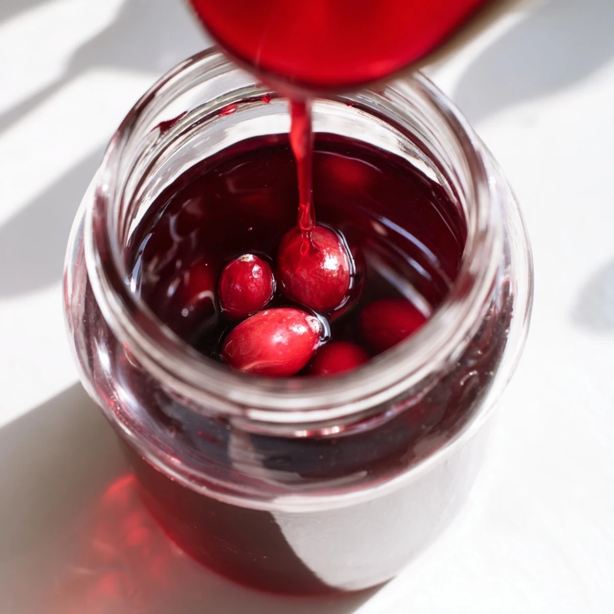 Glass jar of vibrant cranberry syrup set against white background with utensils