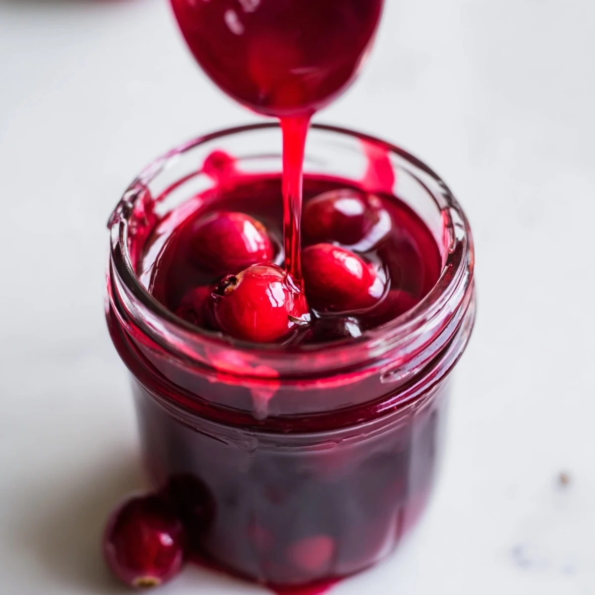 Thick tangy cranberry syrup slowly poured from spoon showing rich deep red color