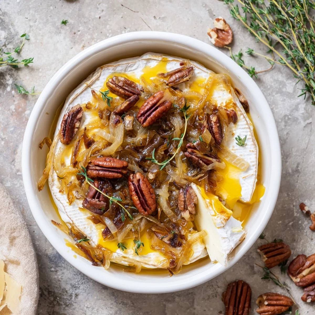 Golden wheel of baked brie with caramelized onions and toasted pecans oozing onto serving board