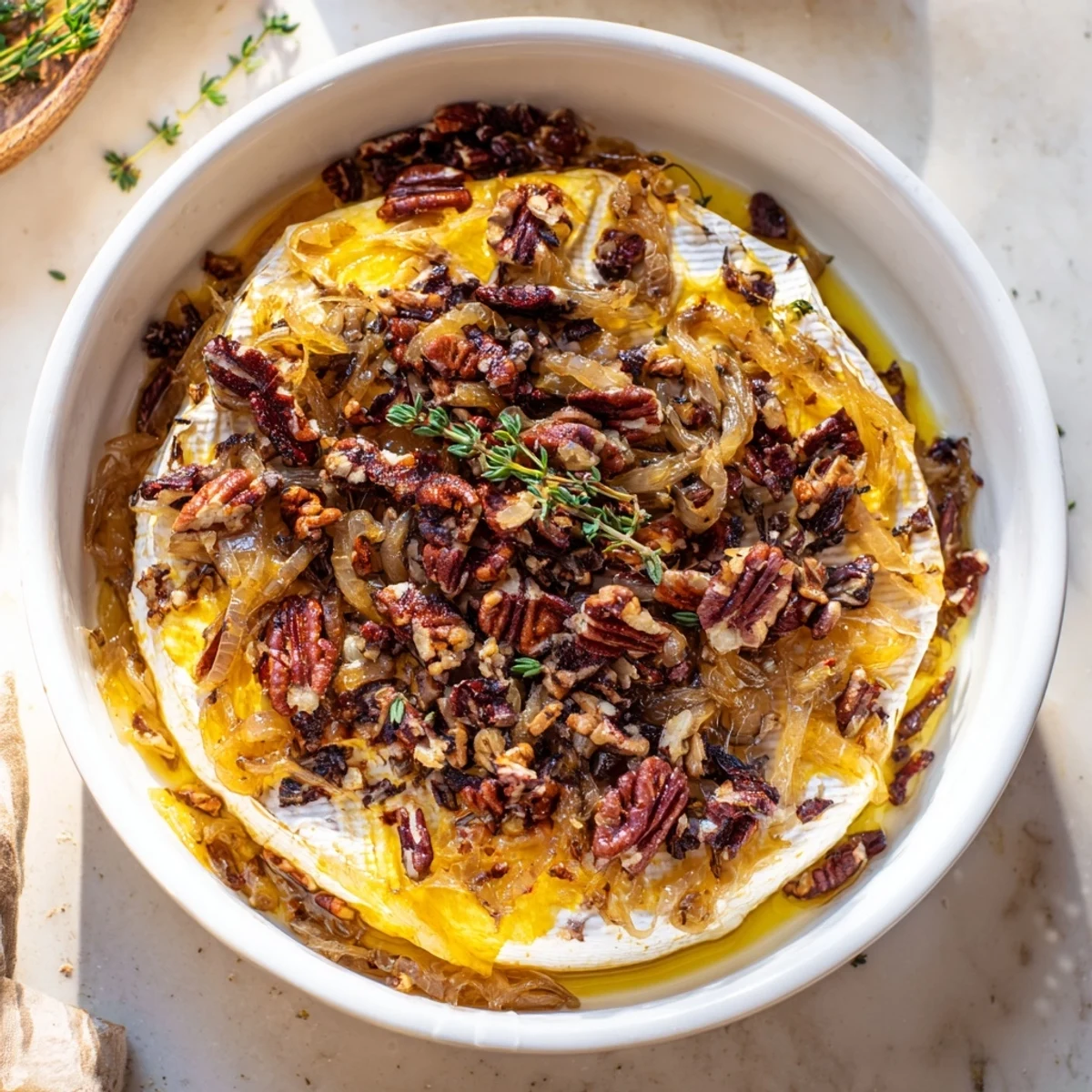 Creamy baked brie topped with sweet caramelized onions and crunchy pecans served with crusty bread