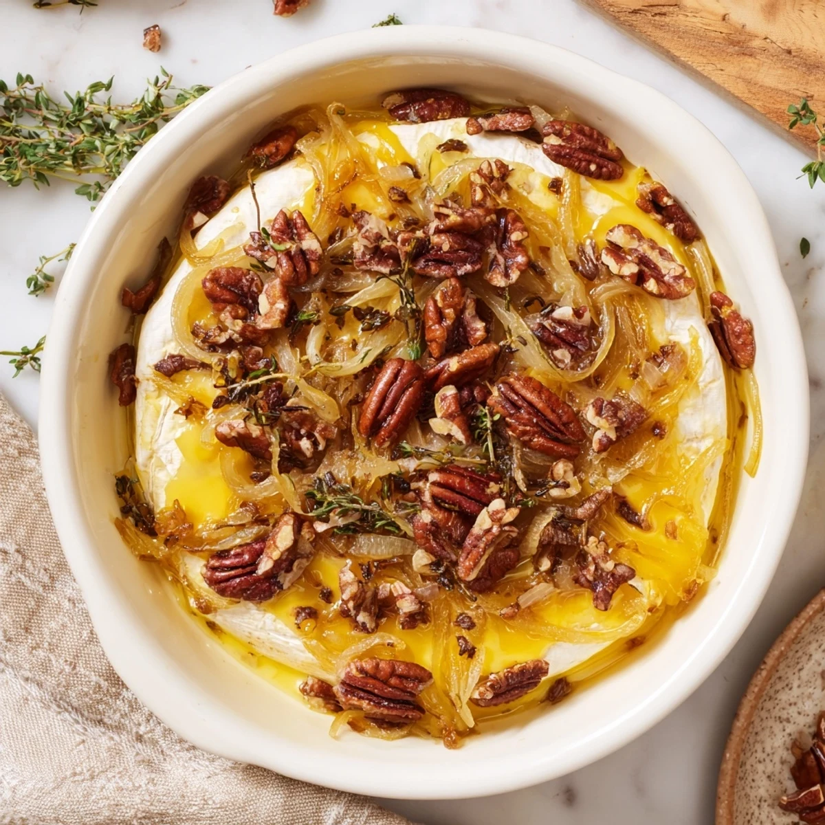 Warm baked brie wheel crowned with golden brown onions and pecans on wooden platter