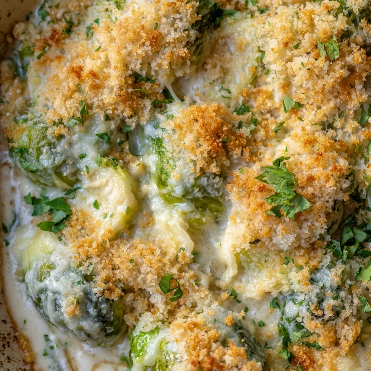 Golden bubbly creamy Parmesan Brussels sprouts casserole with crispy breadcrumb topping garnished with fresh parsley