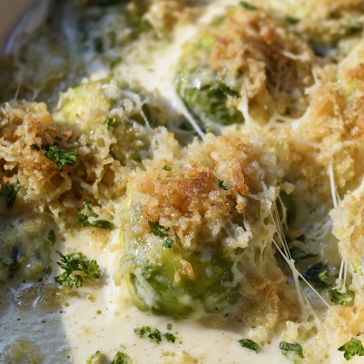 Baked Brussels sprouts swimming in rich cheese sauce with melted mozzarella and golden Parmesan crust