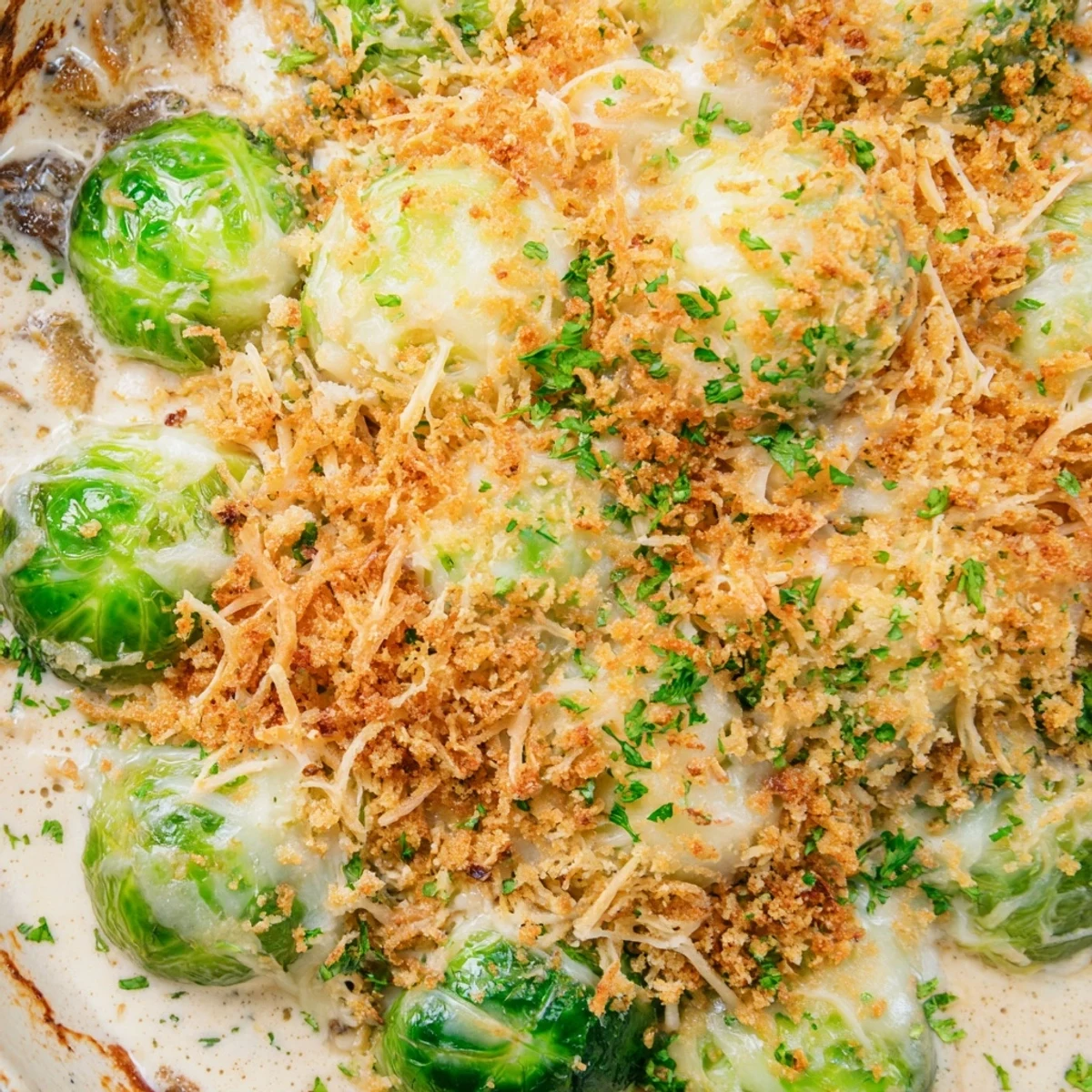 Hearty oven-baked casserole dish featuring tender halved Brussels sprouts coated in creamy white cheese sauce