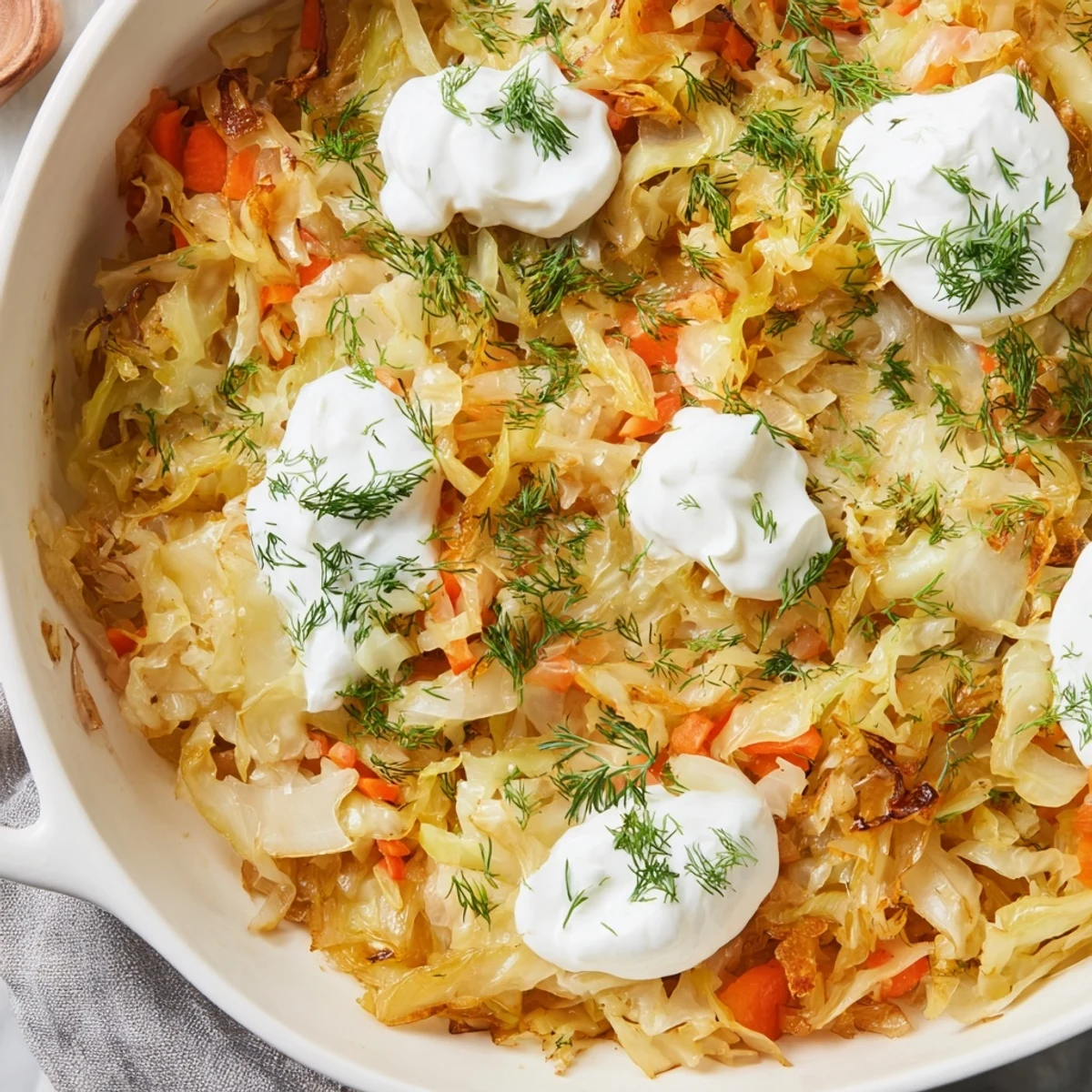 Hearty slow roasted cabbage and sauerkraut casserole bubbling in a rustic baking dish