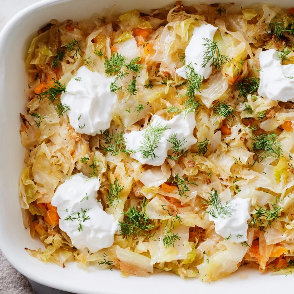 Vegetarian slow roasted cabbage and sauerkraut casserole topped with sour cream and extra dill