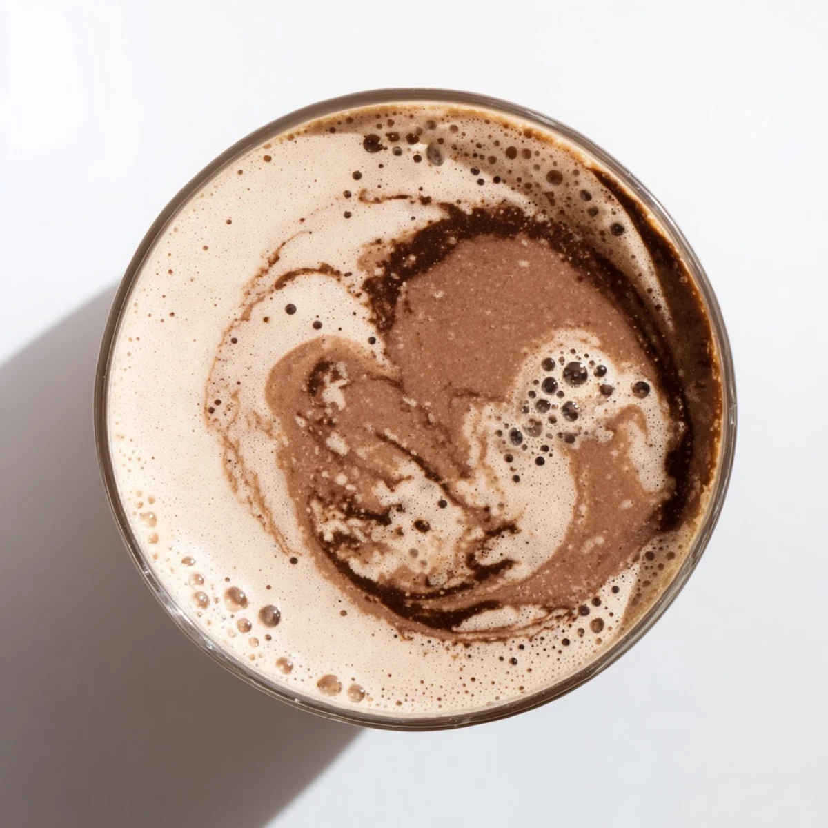 Frothy raw chocolate banana shake poured into two glasses with banana slice garnish