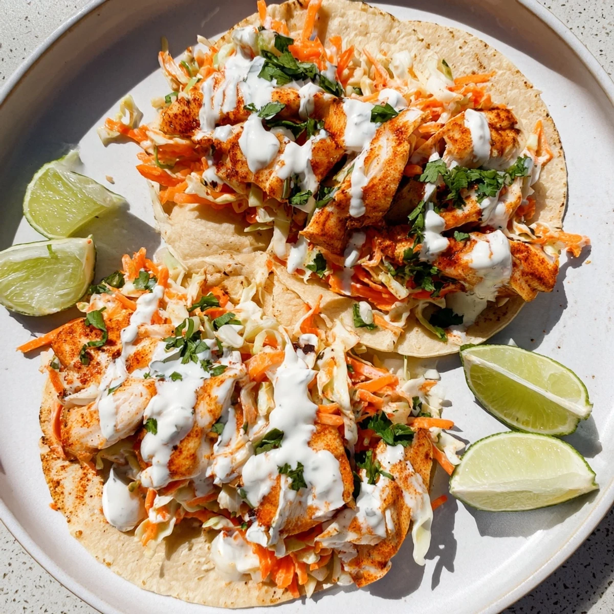 Golden baked cod fish tacos piled with colorful slaw and creamy lime crema drizzle on warm tortillas